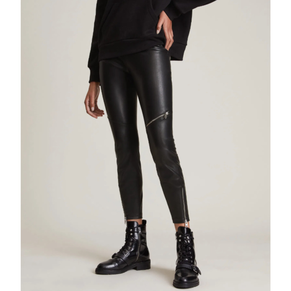 $325 ALLSAINTS Womens Kriva Biker Faux Leather Leggings Black Zippers 6 Punk